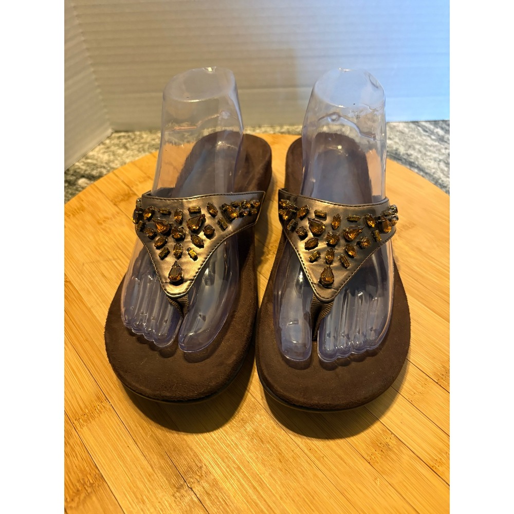 Vionic Women Bronze Metallic Crystal Embellished Orthotic Flip Flop Sandals‎